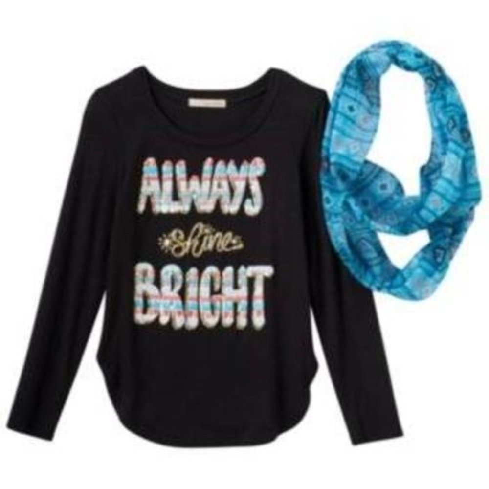 Christmas Shirt & Scarf 10/12 Black ALWAYS SHINE BRIGHT Blue Long Sleeve Set